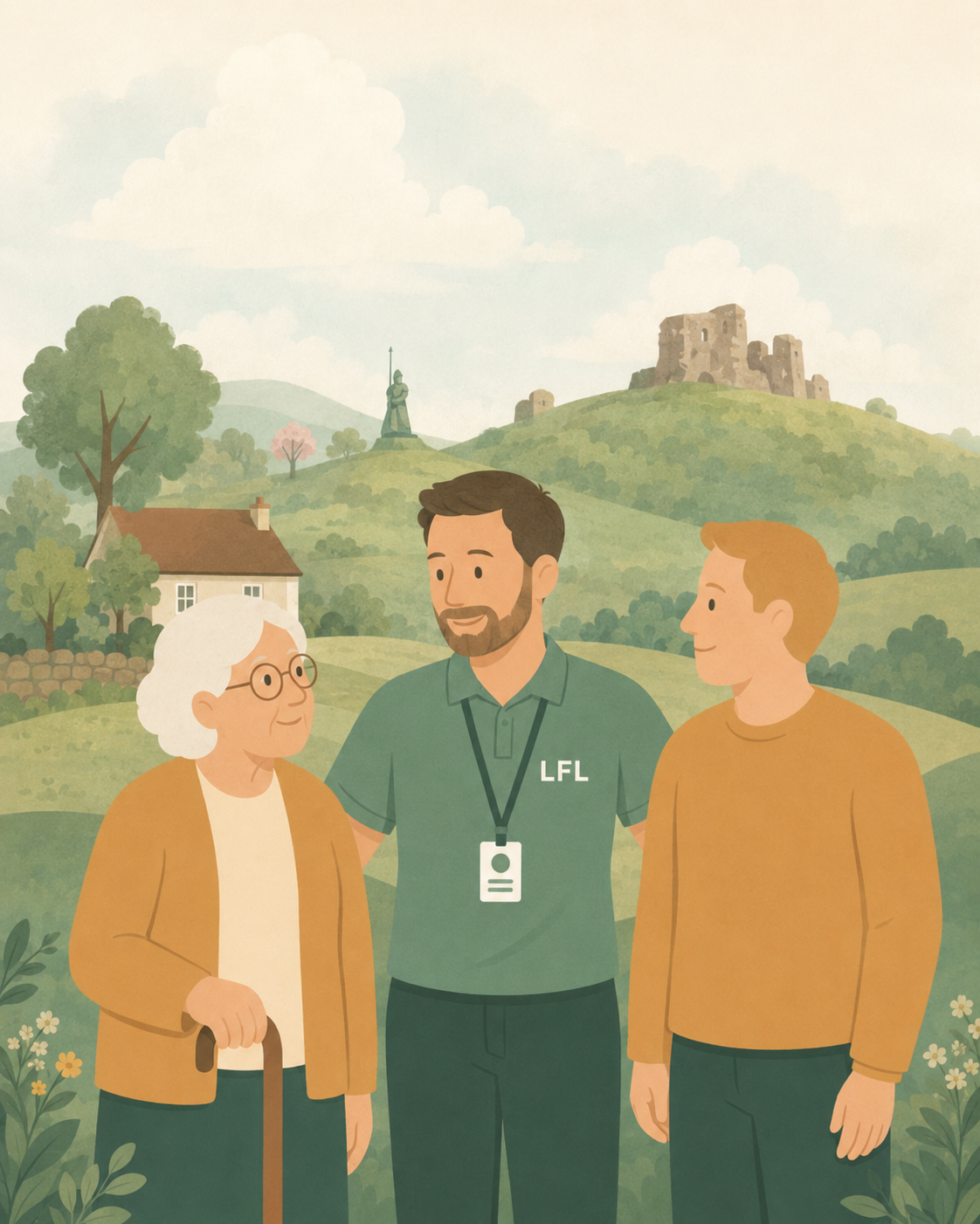 Local Family Links illustration showing a loved one, an LFL Support Assistant and a trusted person outside a home in the countryside