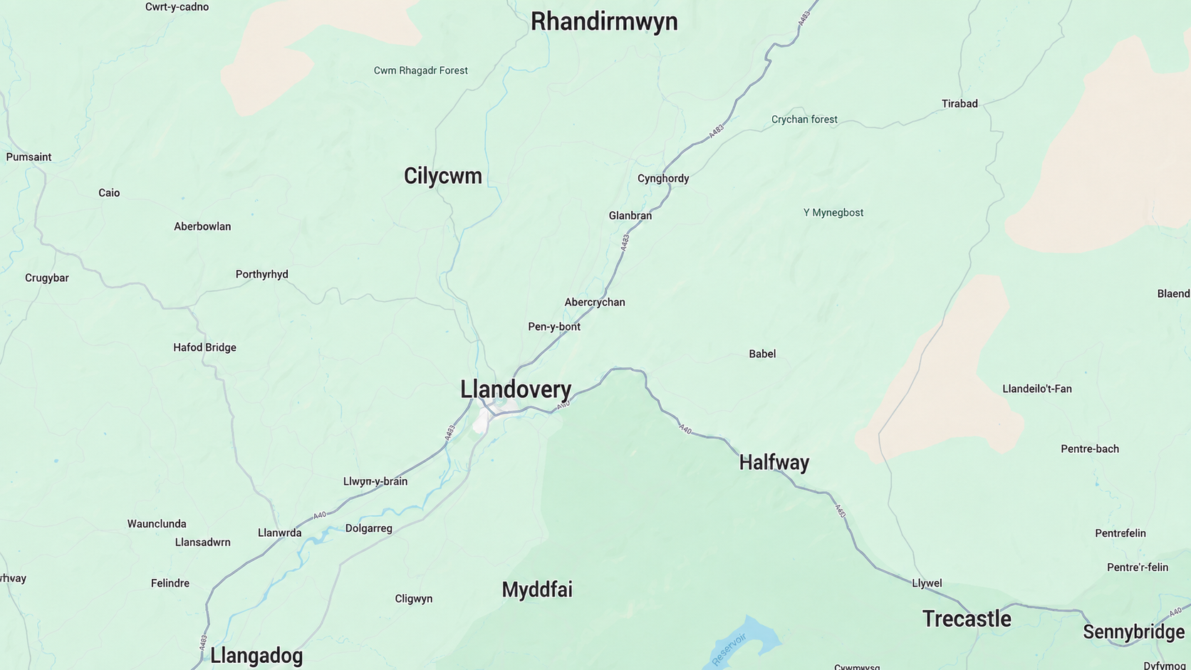 Map showing the Local Family Links service area around Llandovery and nearby communities